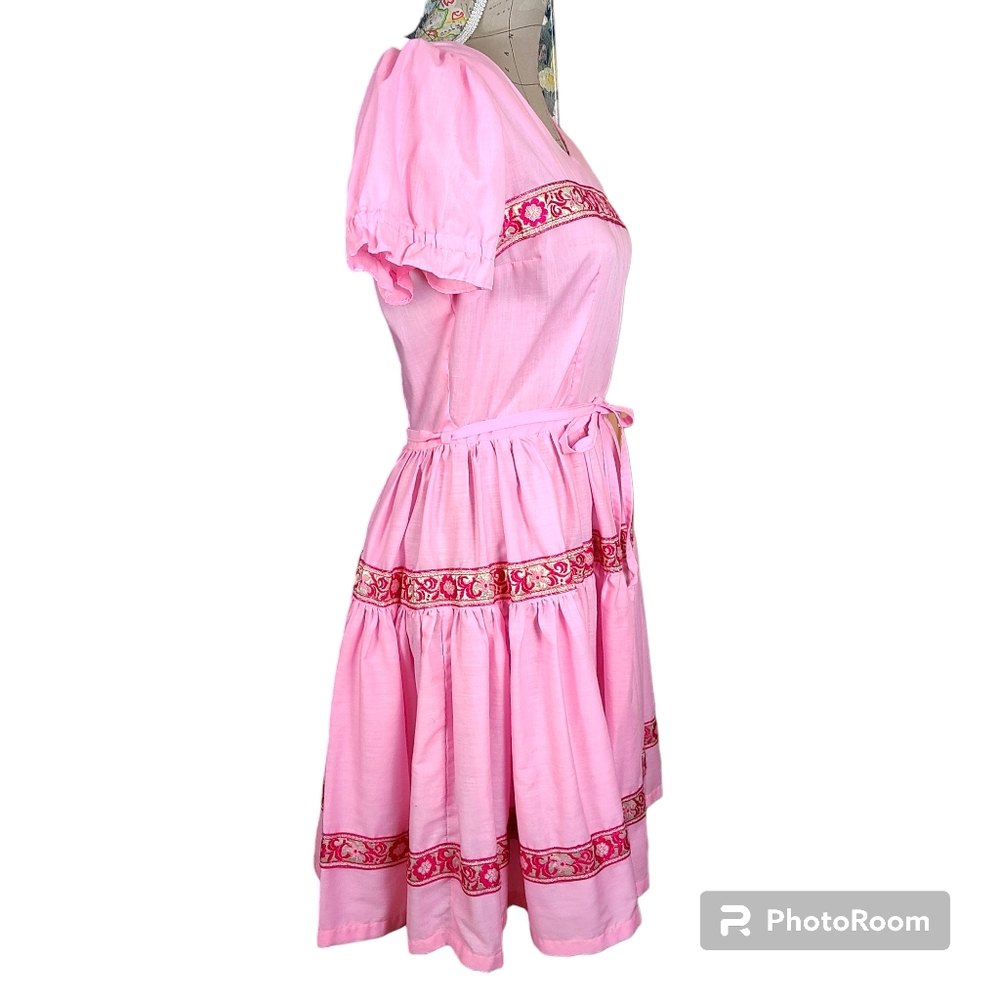VINTAGE 70's Handmade Size 6 Pink Puff Sleeve Ruffle A-Line Dress Cottagecore - Picture 4 of 7